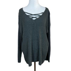 Women's Ribbed V-Neck Sweater - Gray